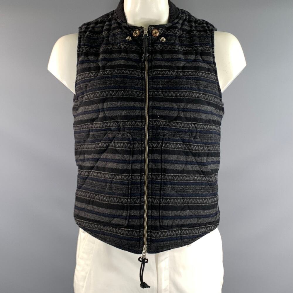 MONITALY Size 42 Grey Navy & Black Stripe Wool Ribbed Collar Vest